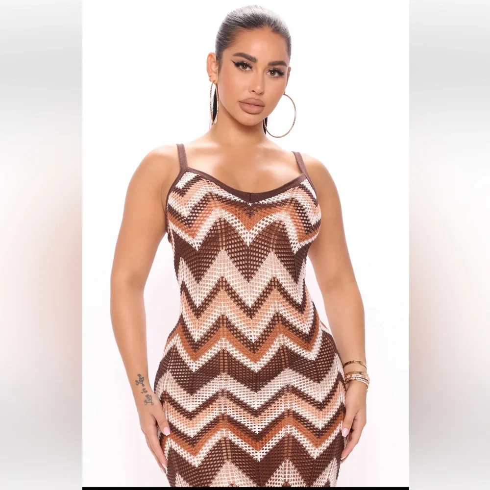 NWT Almost Famous Chevron Pointelle Fringe Boho Indie Retro Dress, L - Picture 3 of 9